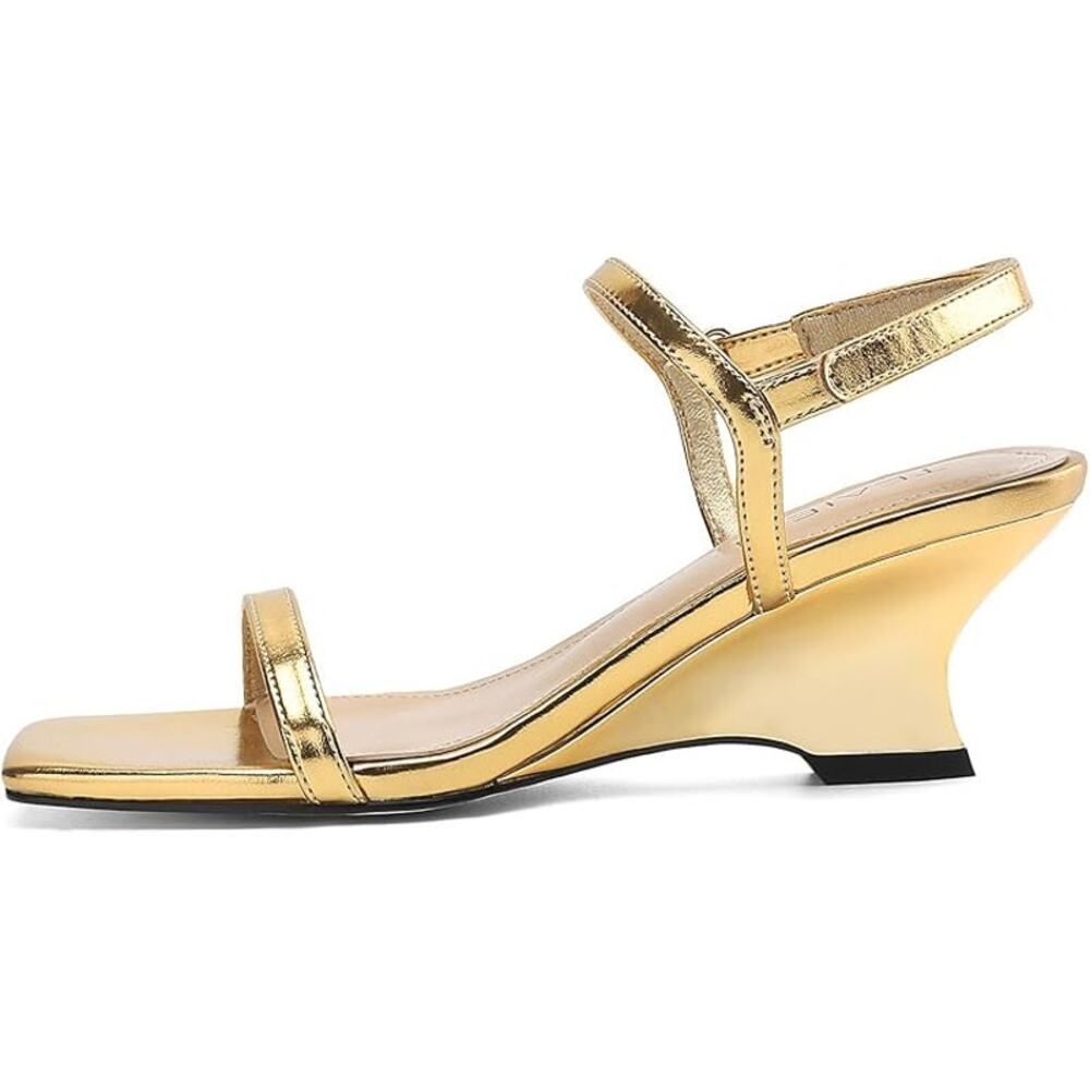 New Teaieui Womens 6.5 Shiny Gold 2.5" Wedge Heel Open Toe Ankle Strap Shoes - Picture 3 of 6